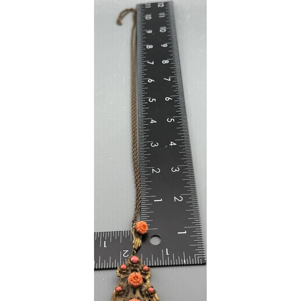 Vintage Czech Style Necklace Brass Filigree Pendant Orange Beads Carved Flowers